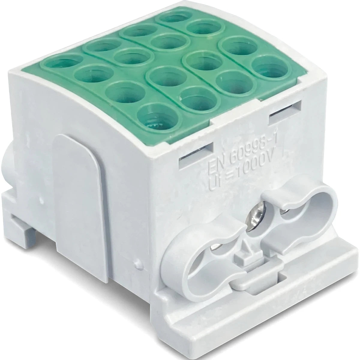 White and green Polymide Interlockable Terminal Block with DIN Rail Mount, electrical component with multiple connections,