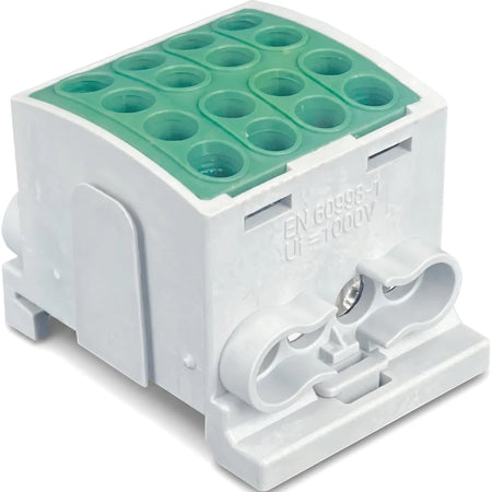 White and green Polymide Interlockable Terminal Block with DIN Rail Mount, electrical component with multiple connections,