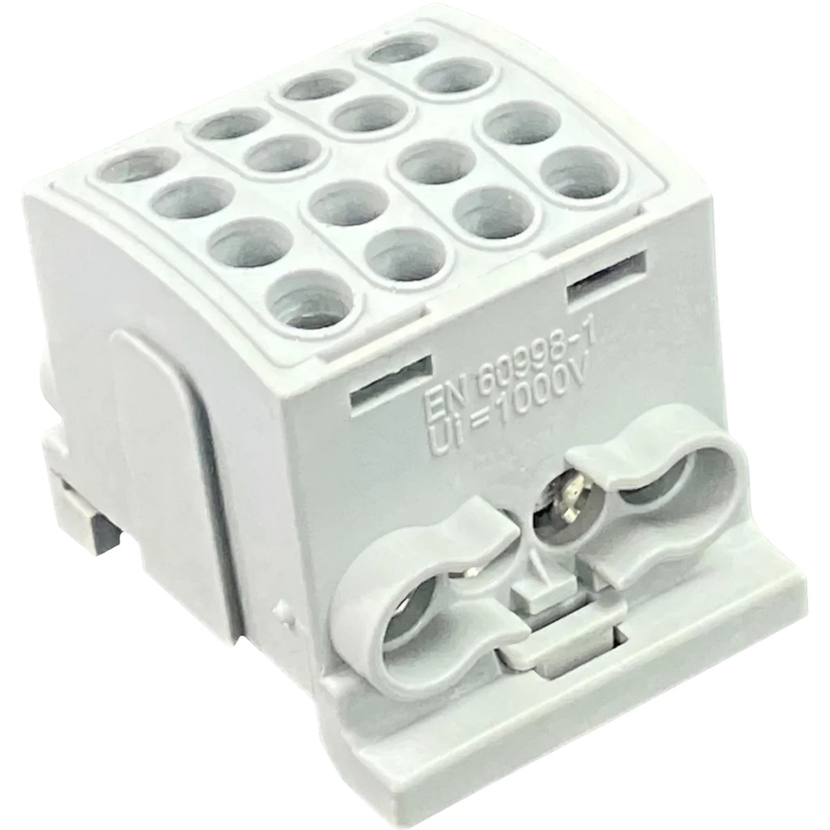 Light gray polymide interlockable terminal block with multiple ports and screw terminals for DIN rail mounting.