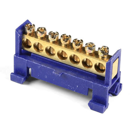 Blue polymide interlockable terminal block with seven brass screw terminals, designed for DIN rail mounting.