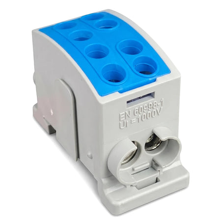 White and blue polymide interlockable terminal block for DIN rail mounting, shown from a front-angled view.