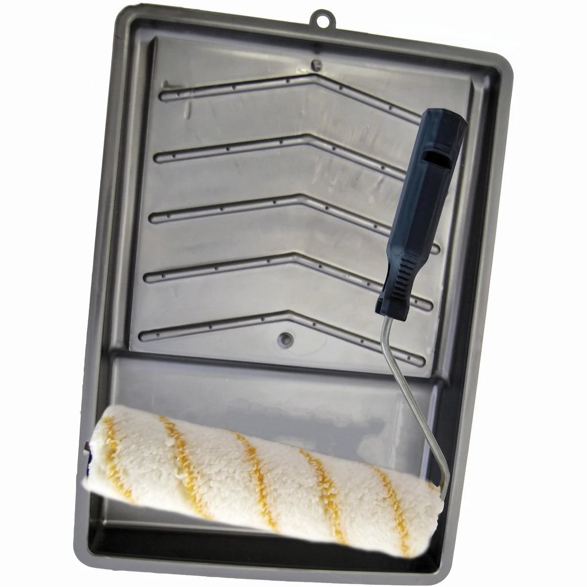 Polypile roller set featuring a gray plastic paint tray and a white fluffy roller with yellow stripes.