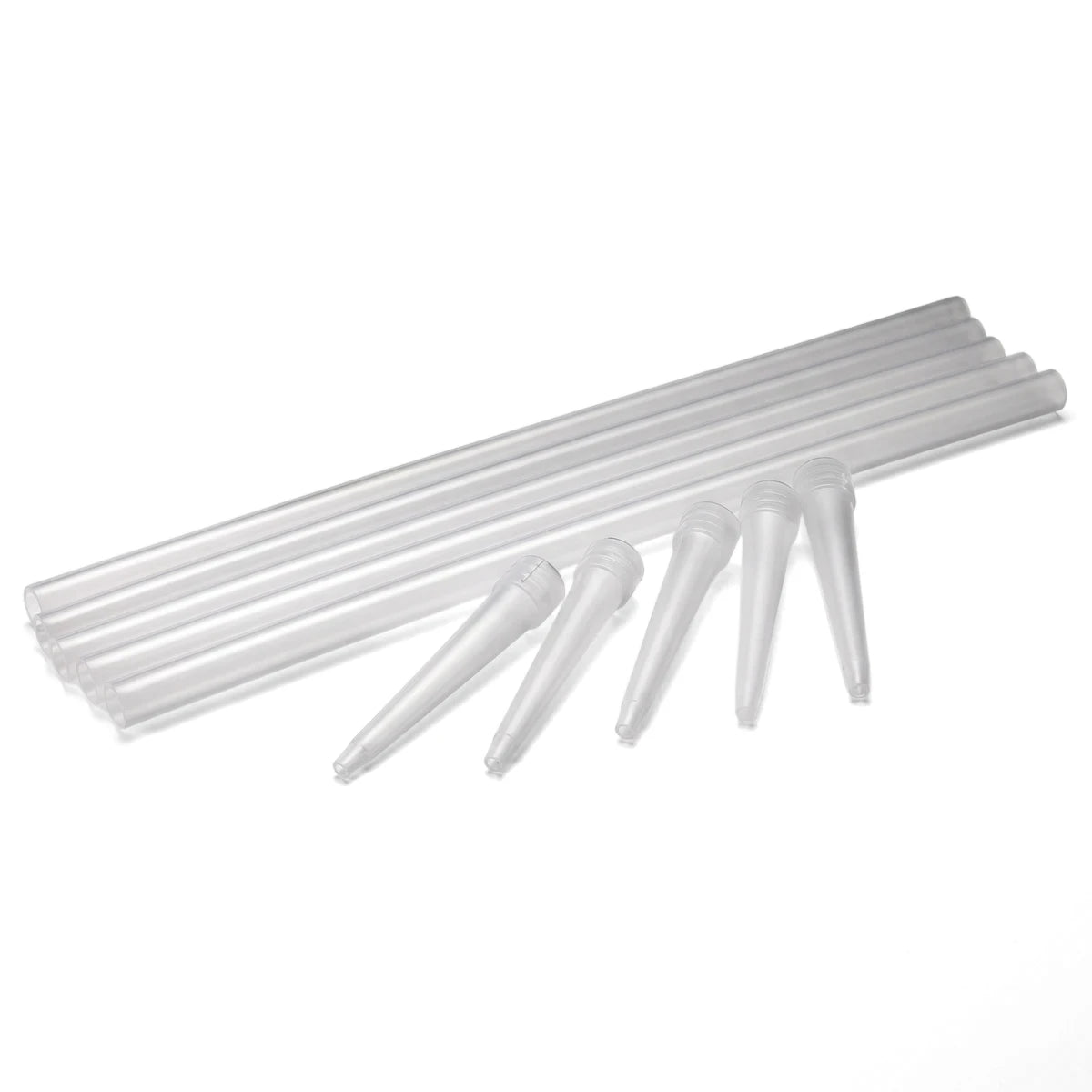 Set of clear plastic polyurethane foam spare nozzles, including five conical tips and five cylindrical tubes, arranged for