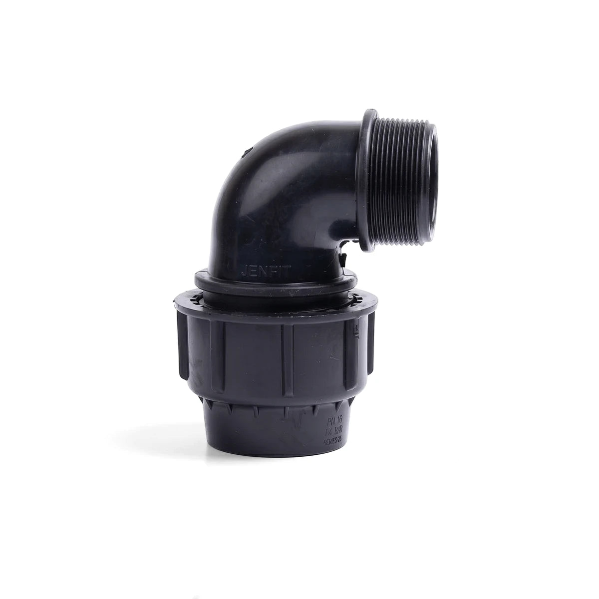 Black Polyware Male Elbow pipe fitting, 25mm x 3/4, with a 90-degree bend and threaded end for plumbing applications.