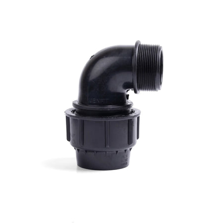 Black Polyware Male Elbow pipe fitting, 25mm x 3/4, with a 90-degree bend and threaded end for plumbing applications.