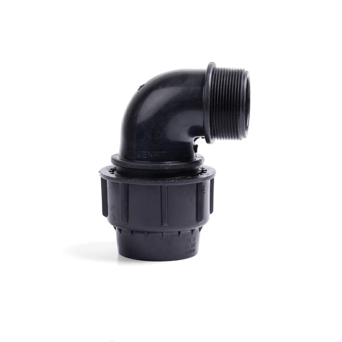 Black Polyware Male Elbow pipe fitting, 25mm x 3/4, with a 90-degree bend and threaded end for plumbing applications.