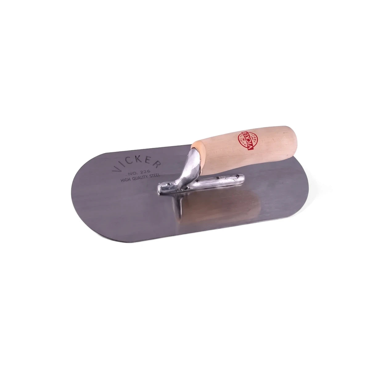 Pool 226 plastering trowel with a stainless steel blade and a natural wooden handle, shown from an angled view.