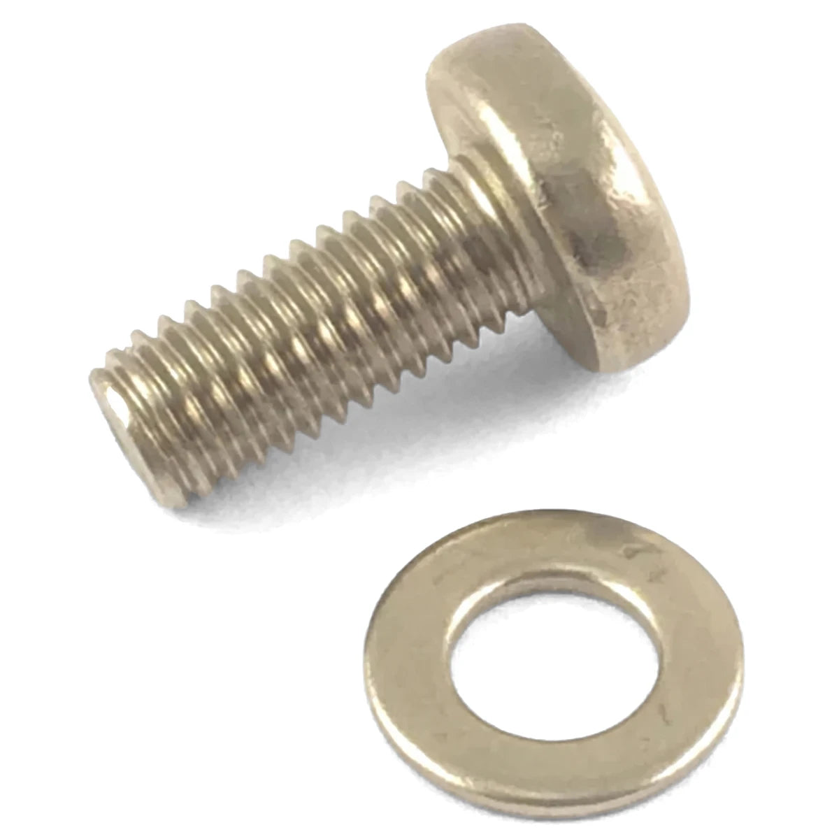 Close-up of a silver metallic threaded pool filter lid screw with a matching flat washer, part of an 8-pack set.