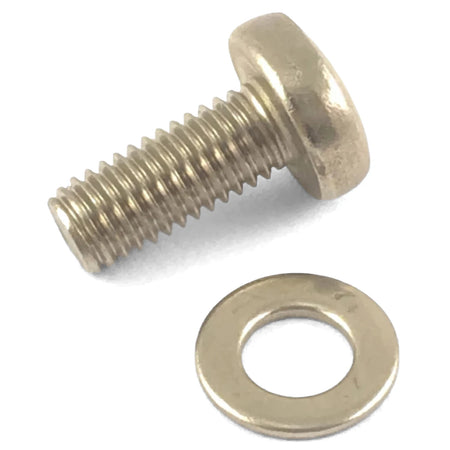 Close-up of a silver metallic threaded pool filter lid screw with a matching flat washer, part of an 8-pack set.