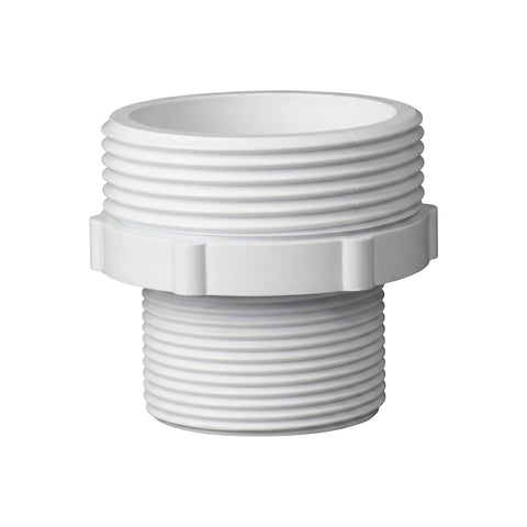 White PVC pool filter tank adaptor kit with threaded ends and a hexagonal center, shown from a slightly elevated view.