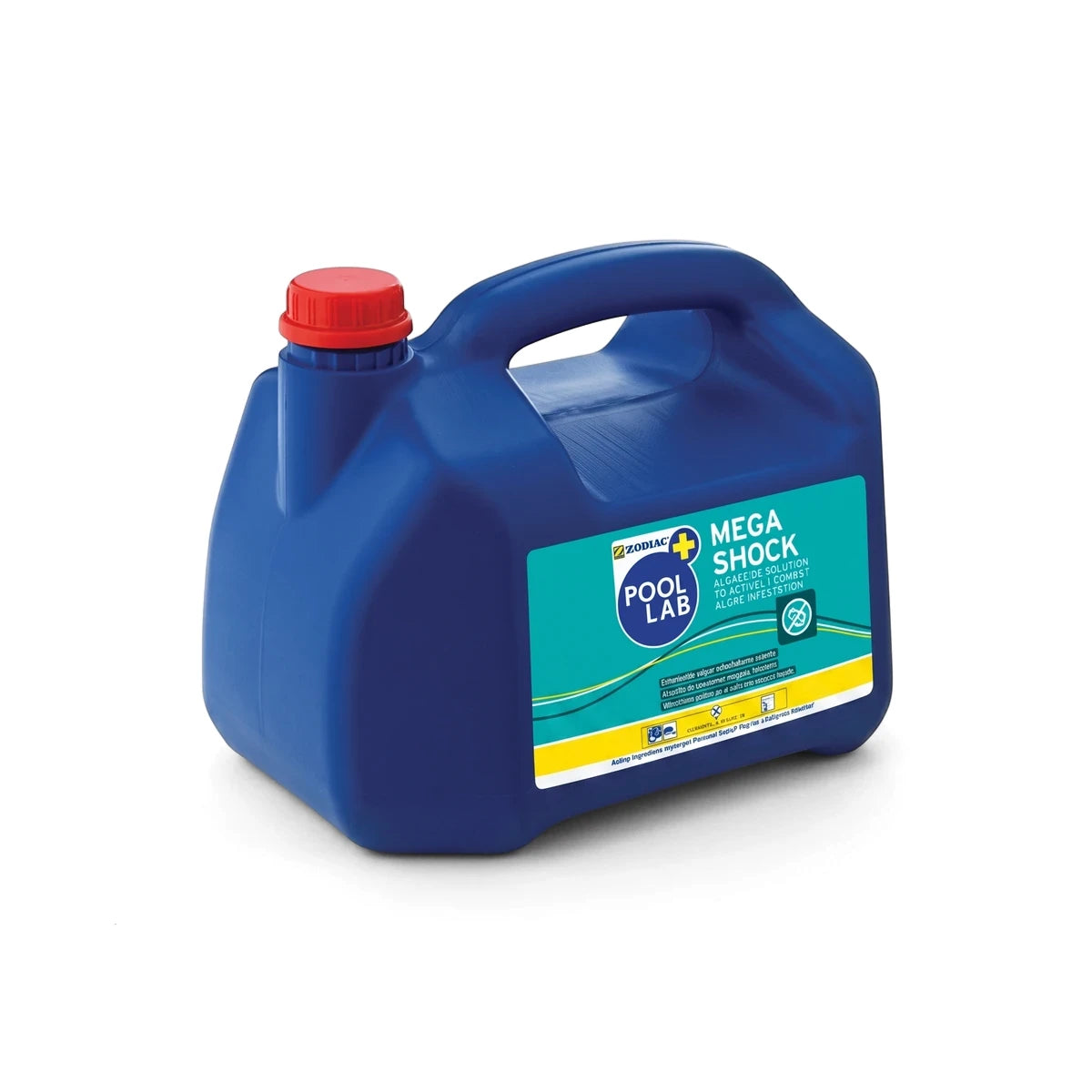 Blue 5-litre Pool Lab Mega Shock liquid pool treatment bottle with a red cap, featuring a teal and yellow label for actively