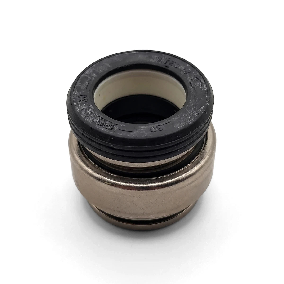 Pool pump mechanical shaft seal, 5/8 inch Series 1, with a black rubber top, white ring, and metallic base, viewed from an