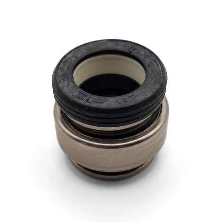 Pool pump mechanical shaft seal, 5/8 inch Series 1, with a black rubber top, white ring, and metallic base, viewed from an