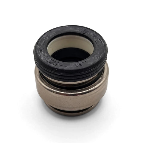 Pool pump mechanical shaft seal, 5/8 inch Series 1, with a black rubber top, white ring, and metallic base, viewed from an