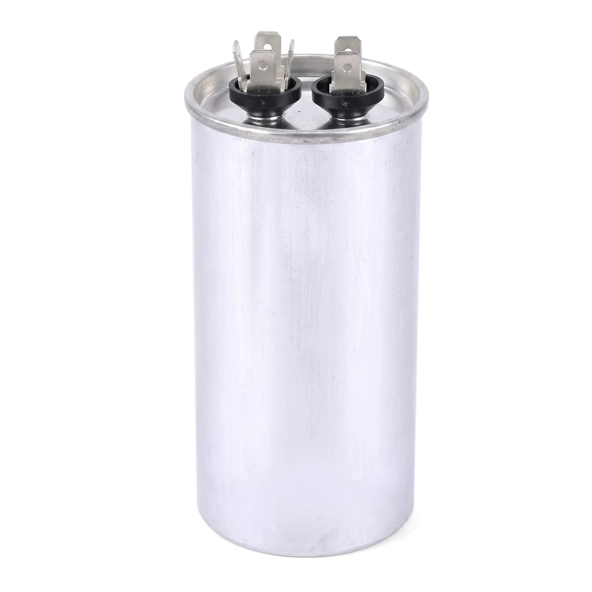 Pool pump replacement capacitor without wire, 20uF silver cylindrical canister with two top terminals, front view.