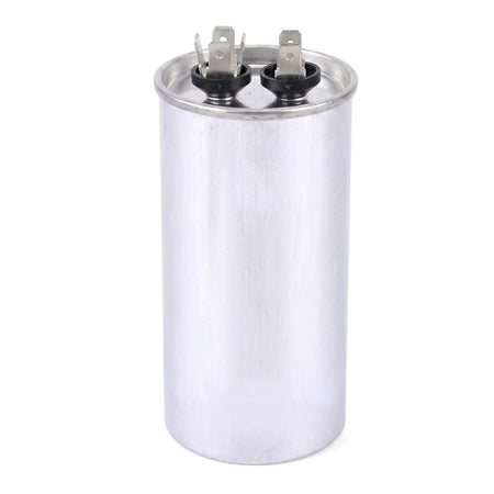 Pool pump replacement capacitor without wire, 20uF silver cylindrical canister with two top terminals, front view.