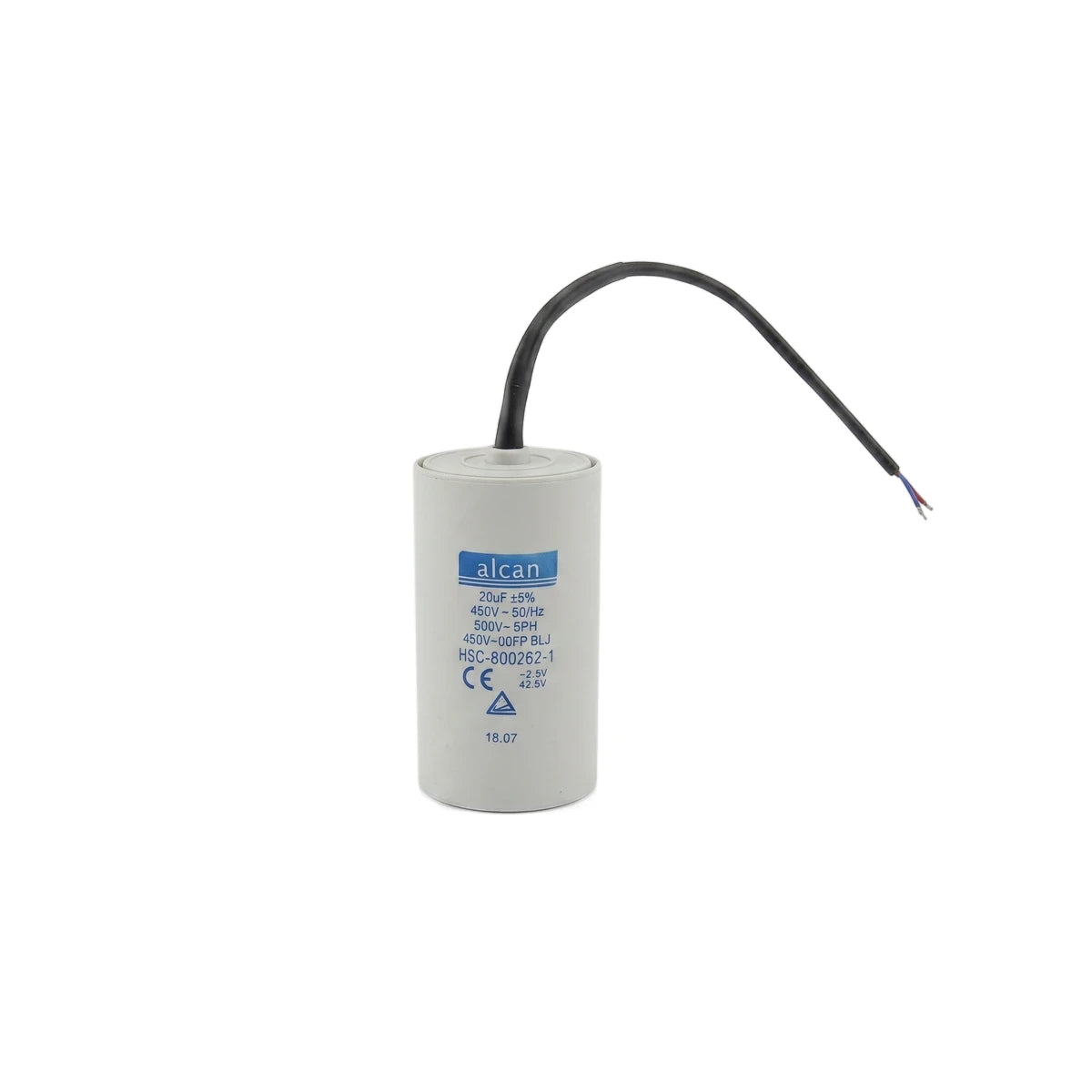 White cylindrical pool pump replacement capacitor with a black wire extending from the top, designed for electrical systems.