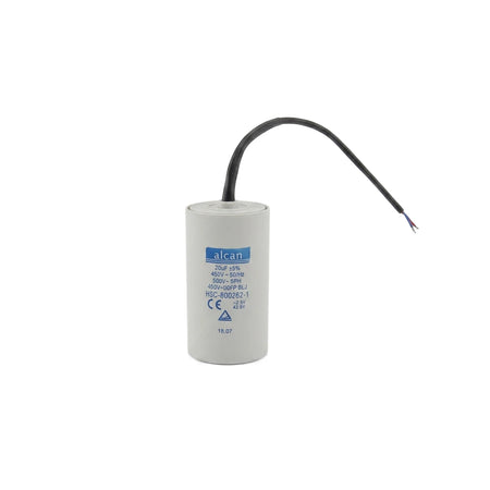 White cylindrical pool pump replacement capacitor with a black wire extending from the top, designed for electrical systems.