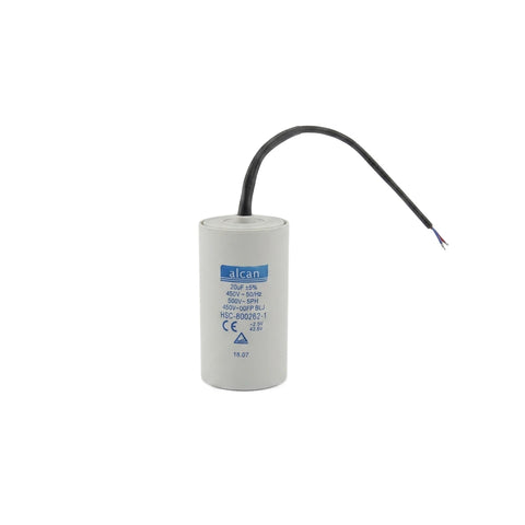 White cylindrical pool pump replacement capacitor with a black wire extending from the top, designed for electrical systems.