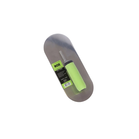 280mm stainless steel pool trowel with a neon green handle and a black product label, angled on a white background.