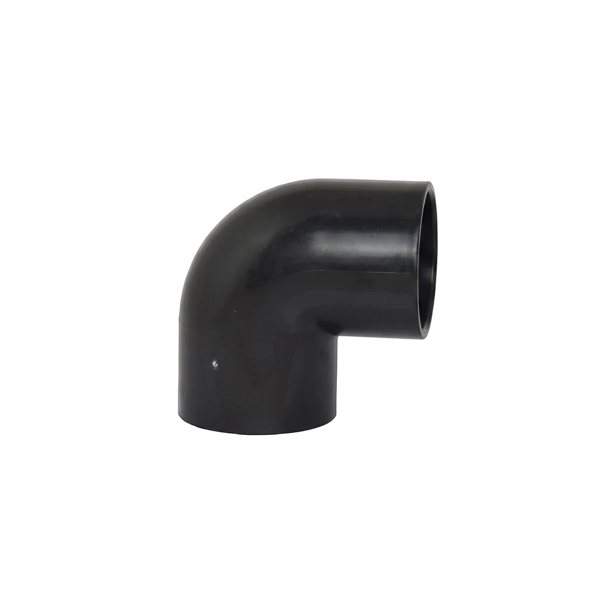 Poolskim 90-degree elbow fitting in black plastic, side view of right-angle pipe connector for pool skimmer hose.