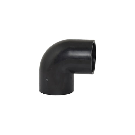 Poolskim 90-degree elbow fitting in black plastic, side view of right-angle pipe connector for pool skimmer hose.