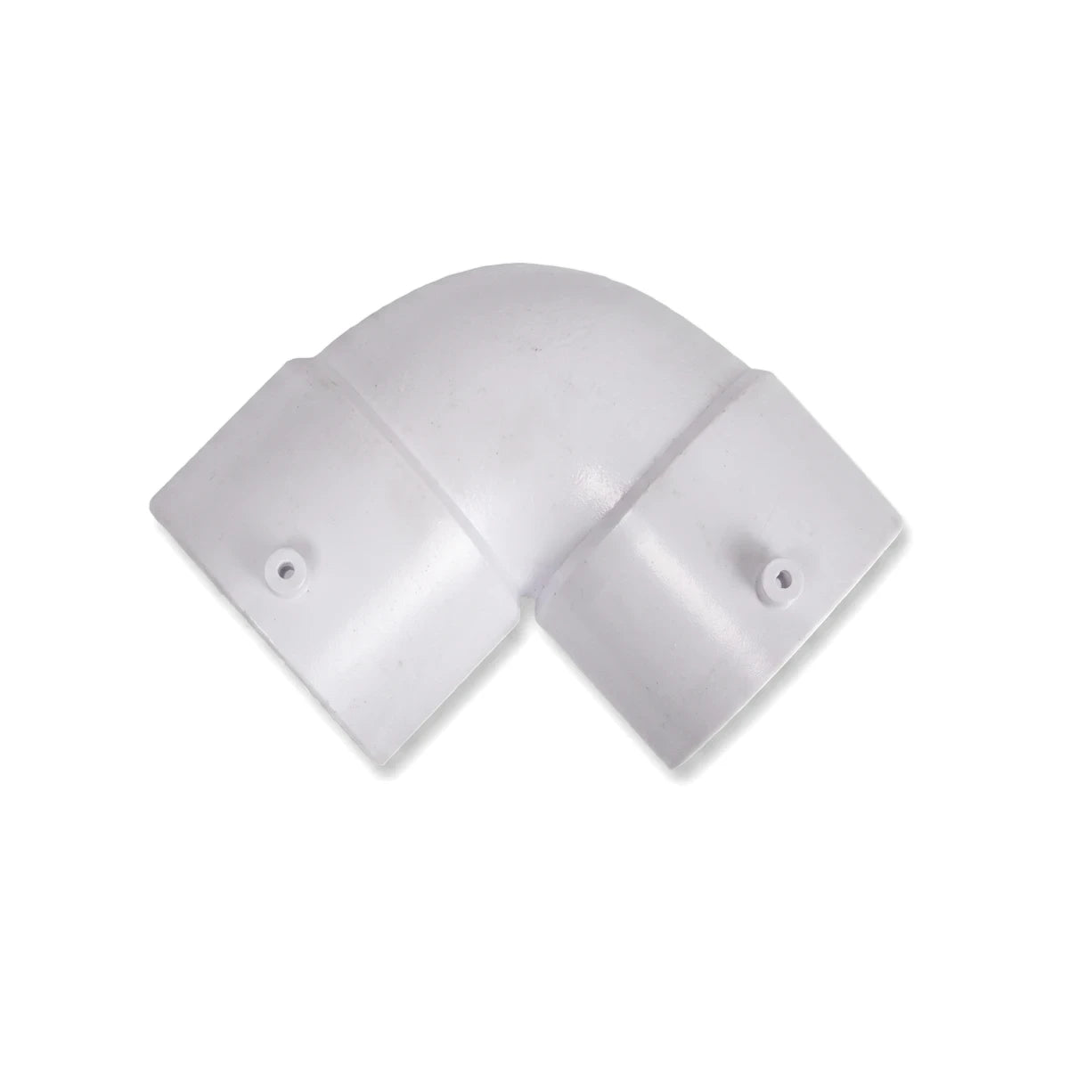 Poolskim 90-Degree Elbow Fitting - White plastic elbow connector shown from front with two screw holes