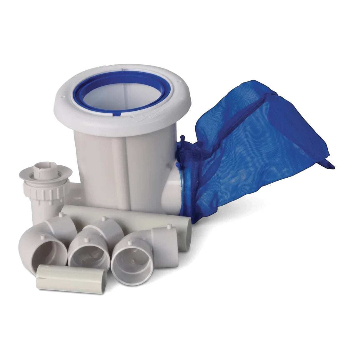 Poolskim Cut Down Fitting in white plastic with blue mesh skimmer bag and included PVC adapter pieces