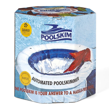 Poolskim Floating Pool Skimmer in its hexagonal product box, featuring blue and white water-themed graphics and award
