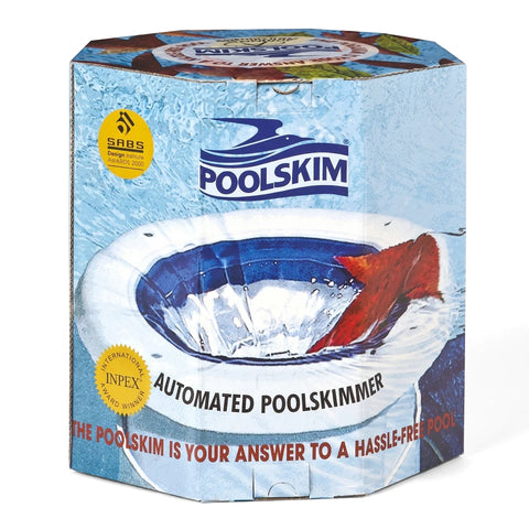 Poolskim Floating Pool Skimmer in its hexagonal product box, featuring blue and white water-themed graphics and award