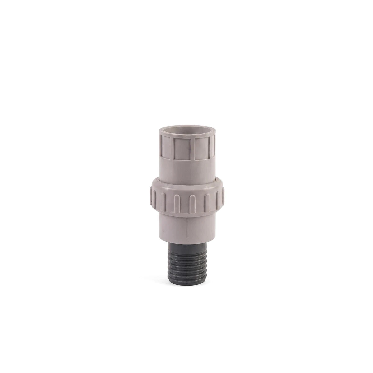 Gray and black plastic Poolskim Union Insert Fitting - 40mm, featuring a threaded end and a ribbed union body.
