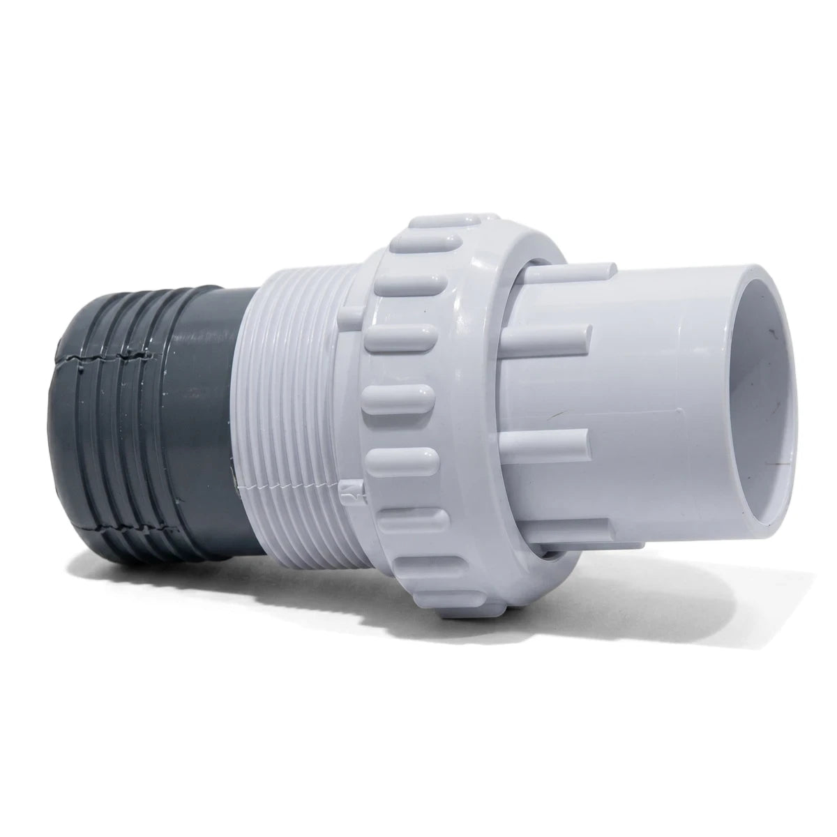 Poolskim Union Insert Fitting 50mm, a two-tone dark gray and white plastic plumbing component with threaded connections,