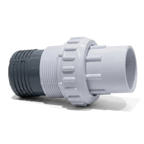 Poolskim Union Insert Fitting 50mm, a two-tone dark gray and white plastic plumbing component with threaded connections,