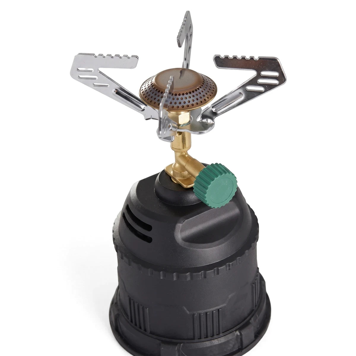 Portable camping gas stove with silver folding supports, a brass burner, and a black base, ideal for outdoor cooking.