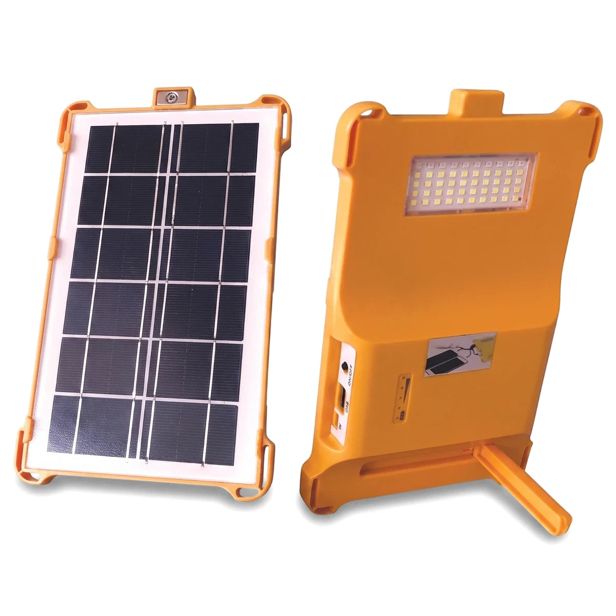 A yellow portable solar charging light 5V (4500Mah) with a solar panel on one side and an LED light on the other.