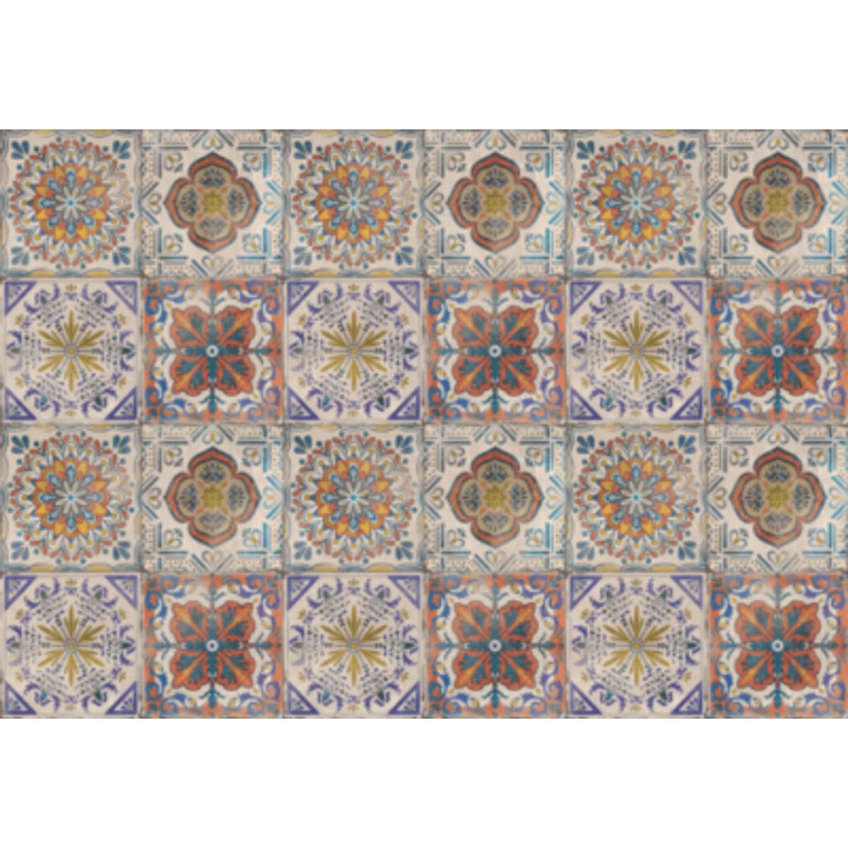 Portuguese color decoupage sheet with intricate patterned tiles, featuring vibrant floral and mandala designs in orange,