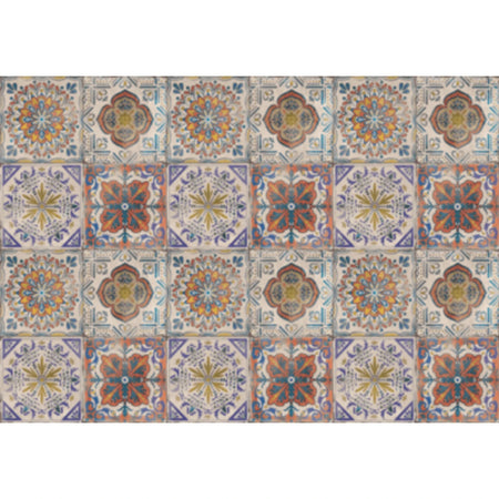 Portuguese color decoupage sheet with intricate patterned tiles, featuring vibrant floral and mandala designs in orange,