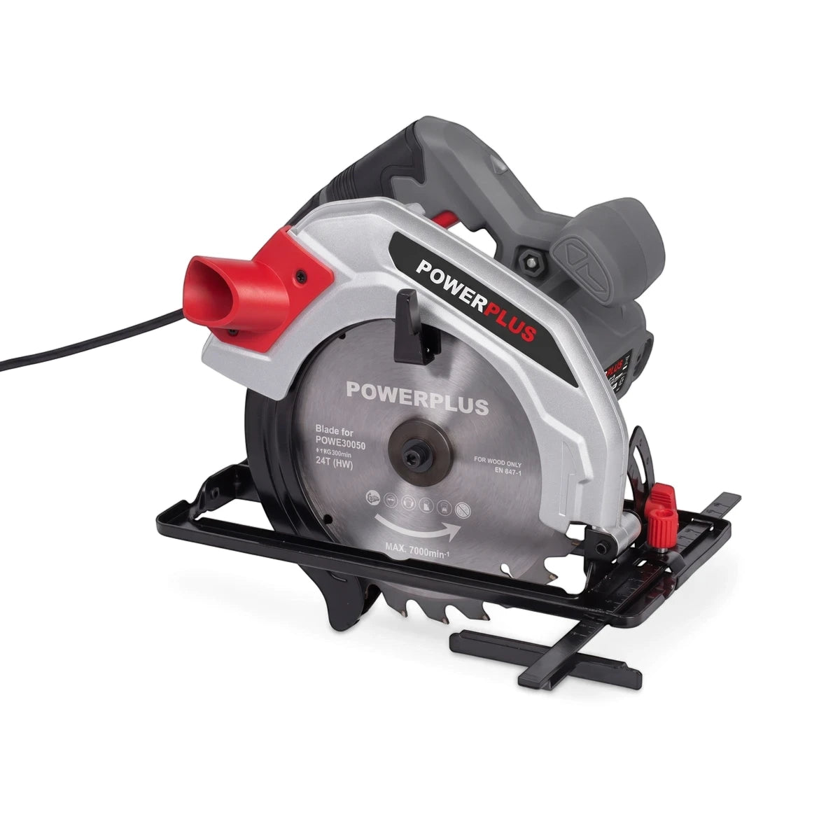 Silver and red Powerplus 1200W electric circular saw with a black base and power cord, shown from a slightly elevated side
