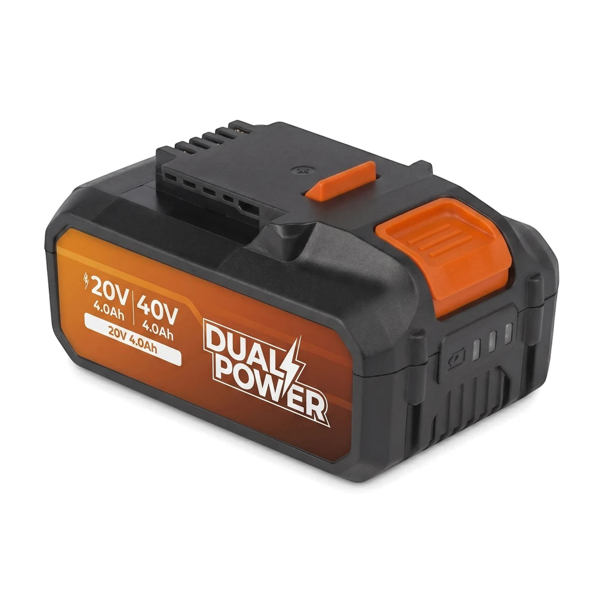 Powerplus 20V 4.0Ah Dual Power battery, a black and orange rechargeable battery for power tools.
