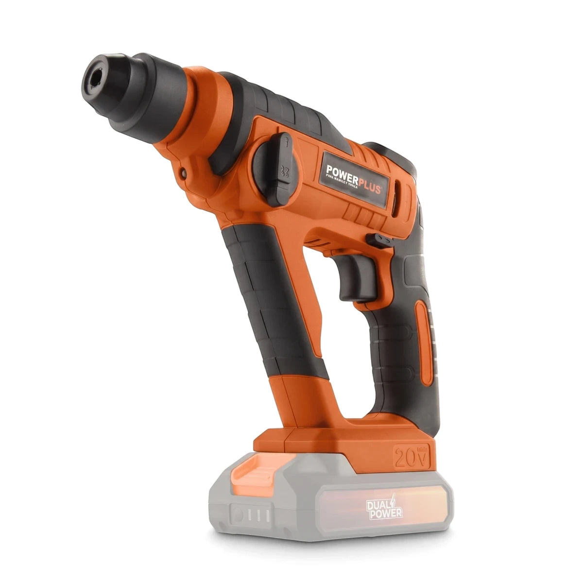 Orange and black Powerplus 20V cordless hammer drill with battery attached, viewed from an elevated angle.