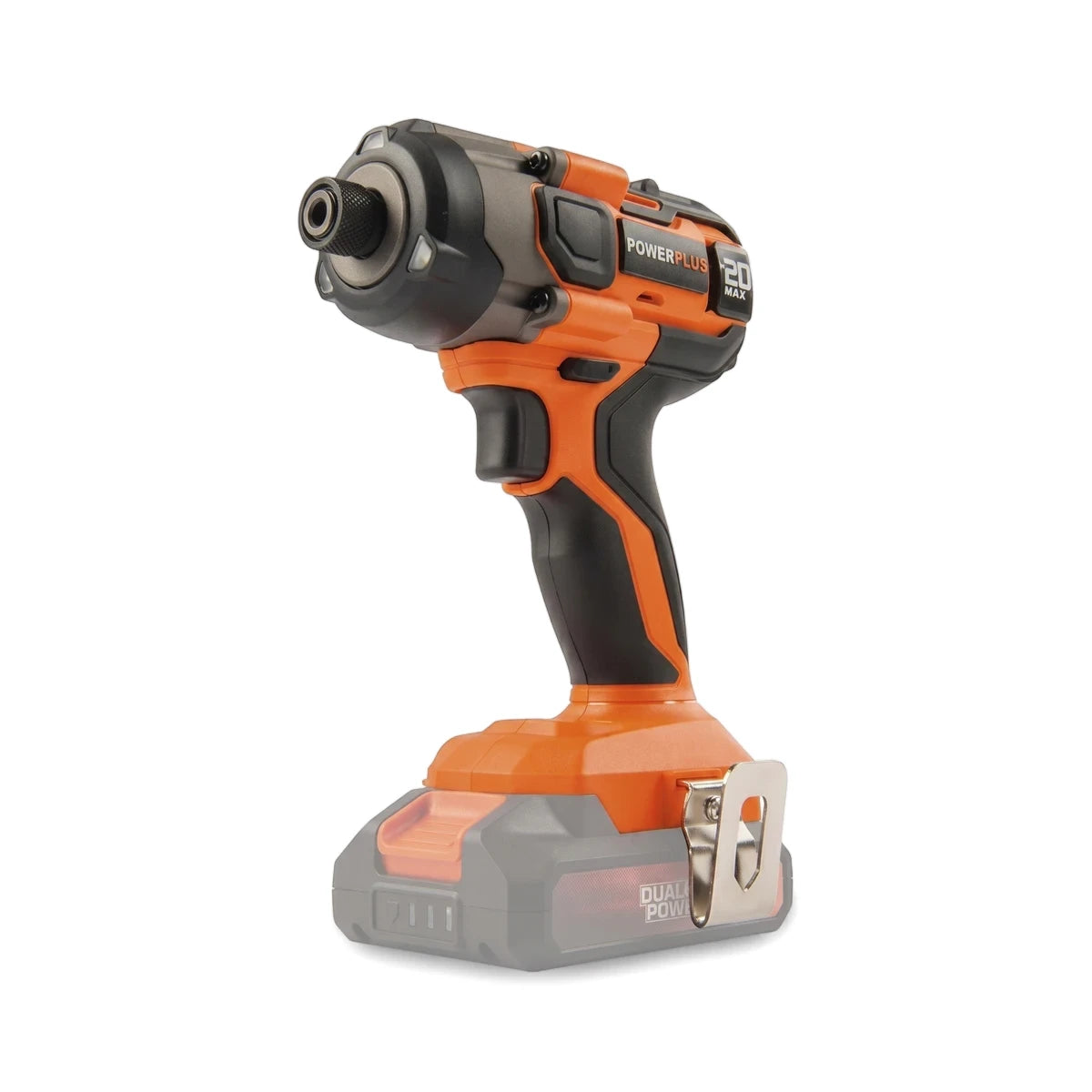 Orange and black Powerplus 20V impact driver (Powdp20100) with a battery and belt clip, displayed upright.