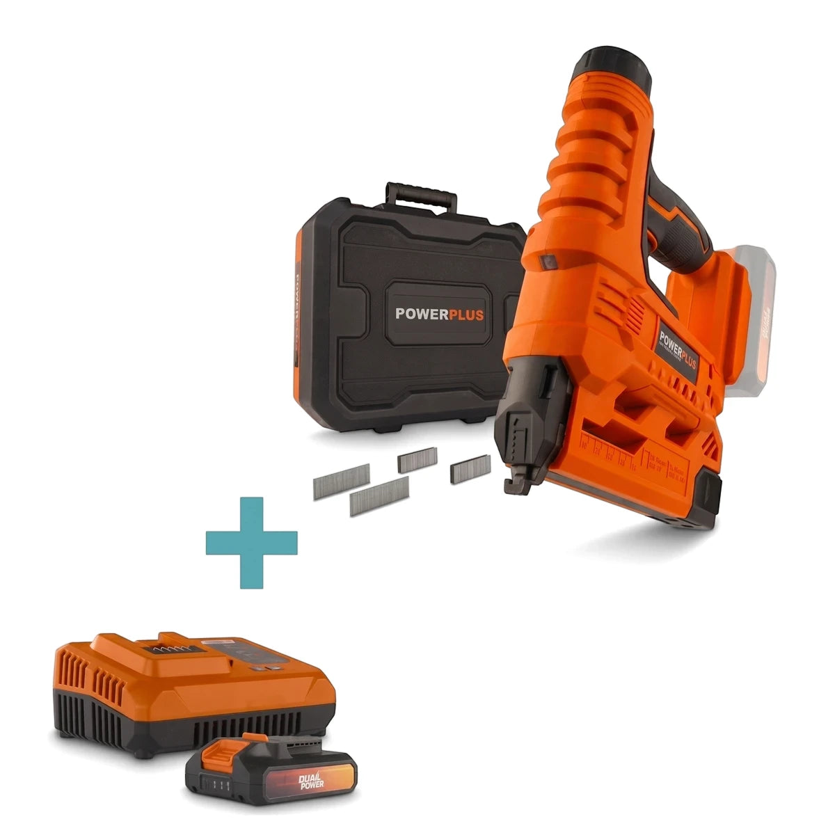 Powerplus 20V Stapler/Nailer combo kit with a durable case, battery, charger, and staples in orange and black.
