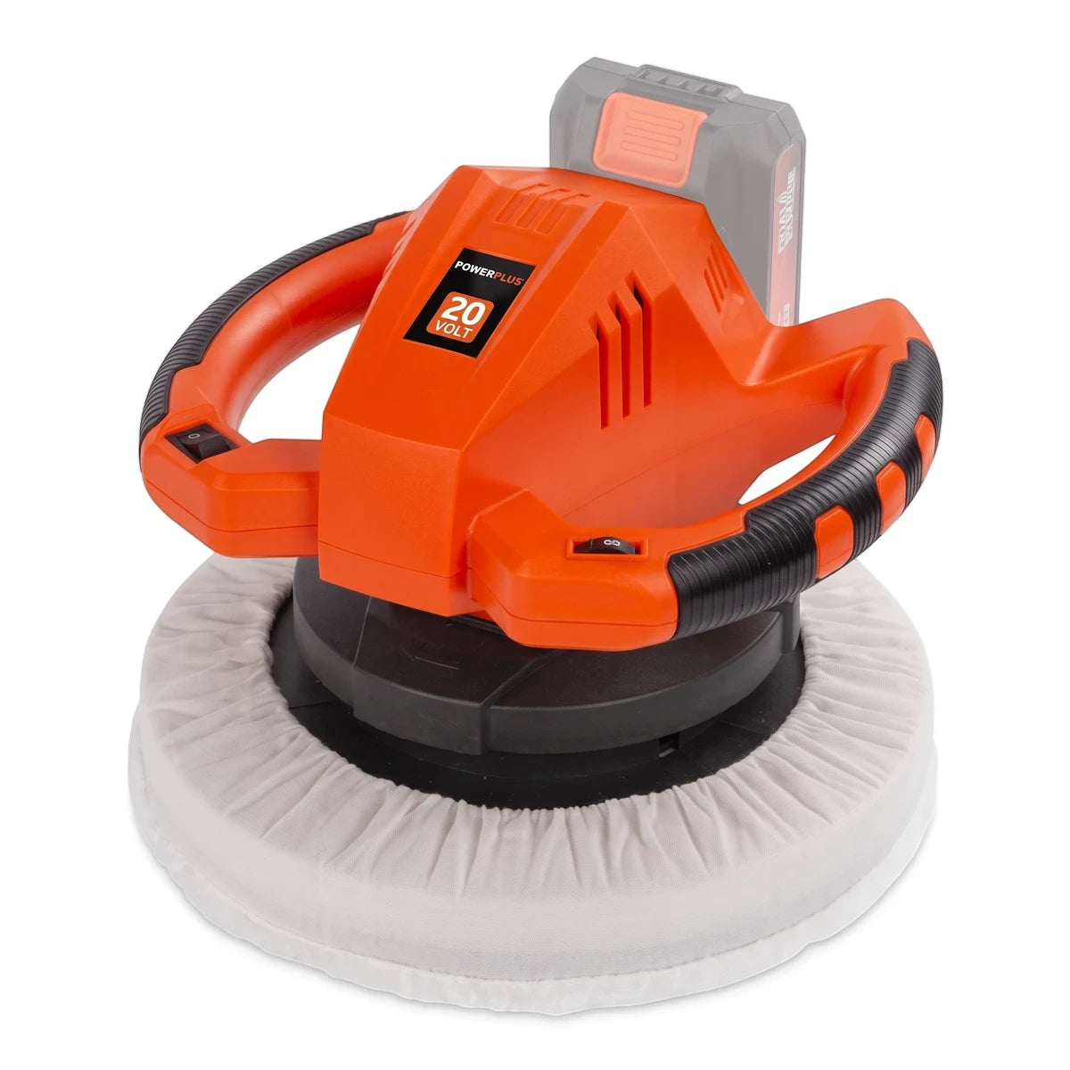 Orange and black Powerplus cordless car polisher (Powdp4040) with a 20V battery and white buffing pad, shown from an