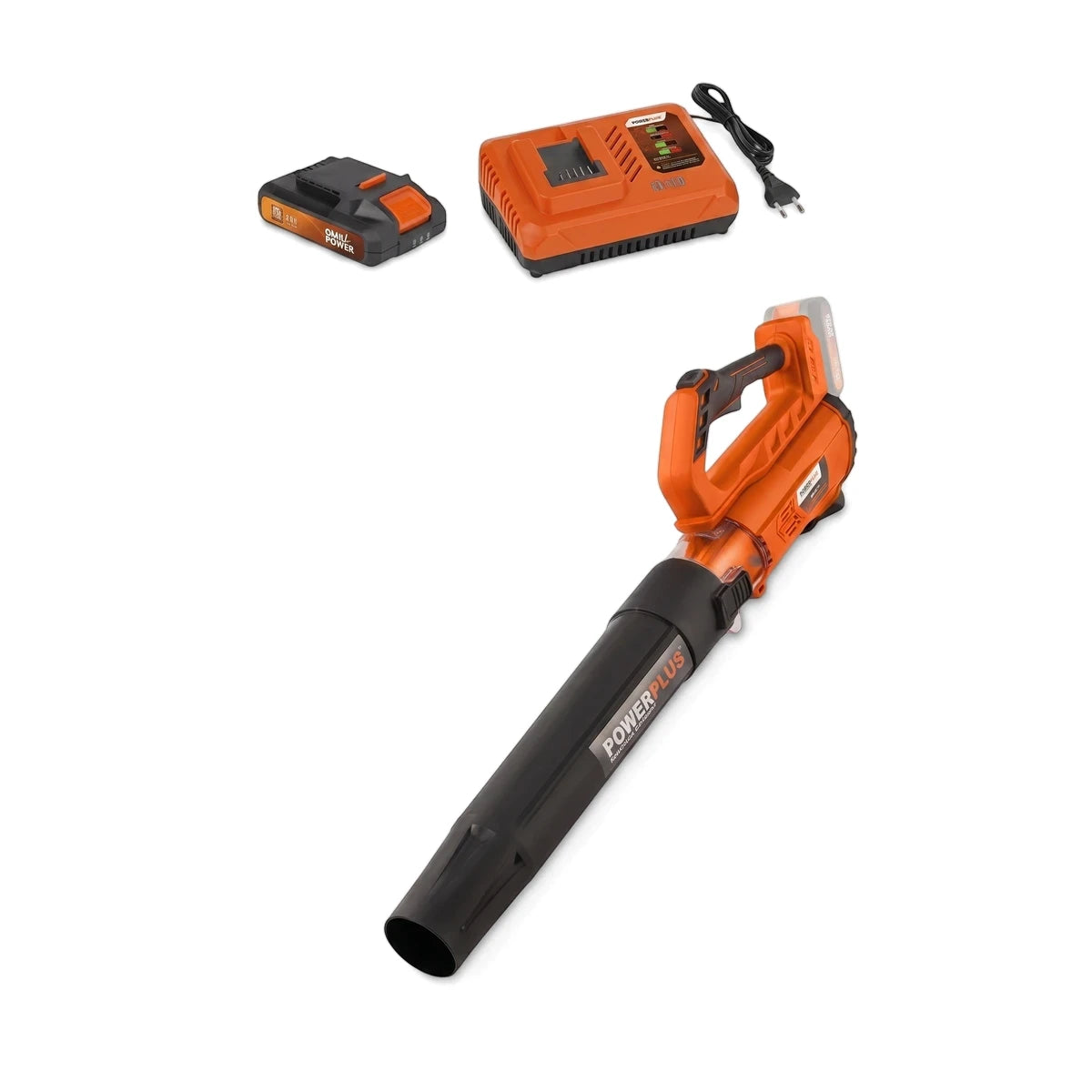 Orange and black Powerplus cordless leaf blower combo with 20V battery and charger for outdoor yard work.
