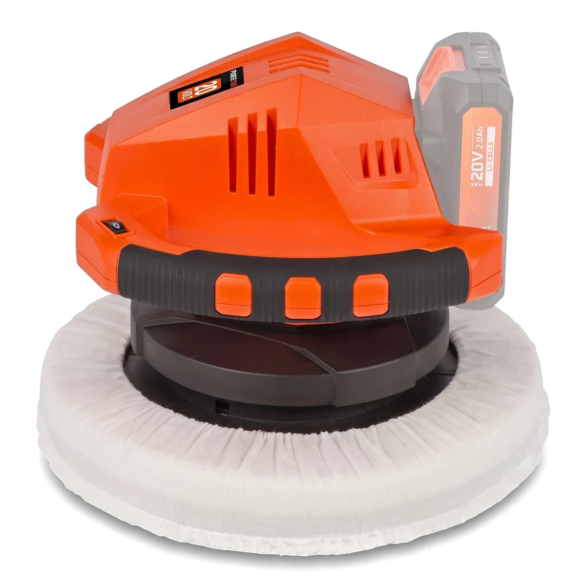Orange Powerplus cordless orbital polisher with a 20V 2.0Ah battery and white polishing bonnet on a white background.
