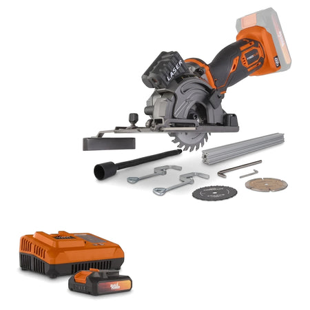 Powerplus plunge saw combo with 20V battery, charger, multiple blades, guide rail, and accessories, displayed on white.