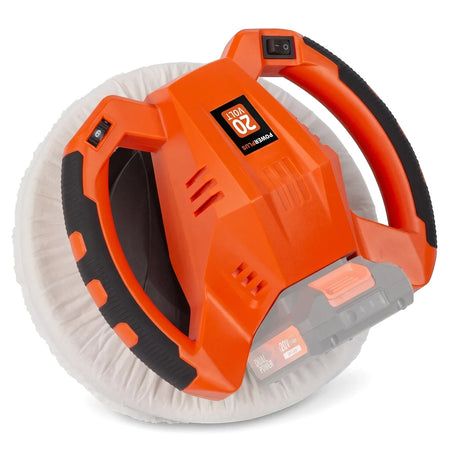 Orange and black cordless Powerplus Polisher (Powdp4040) with a 20V battery and white buffing pad, angled view.