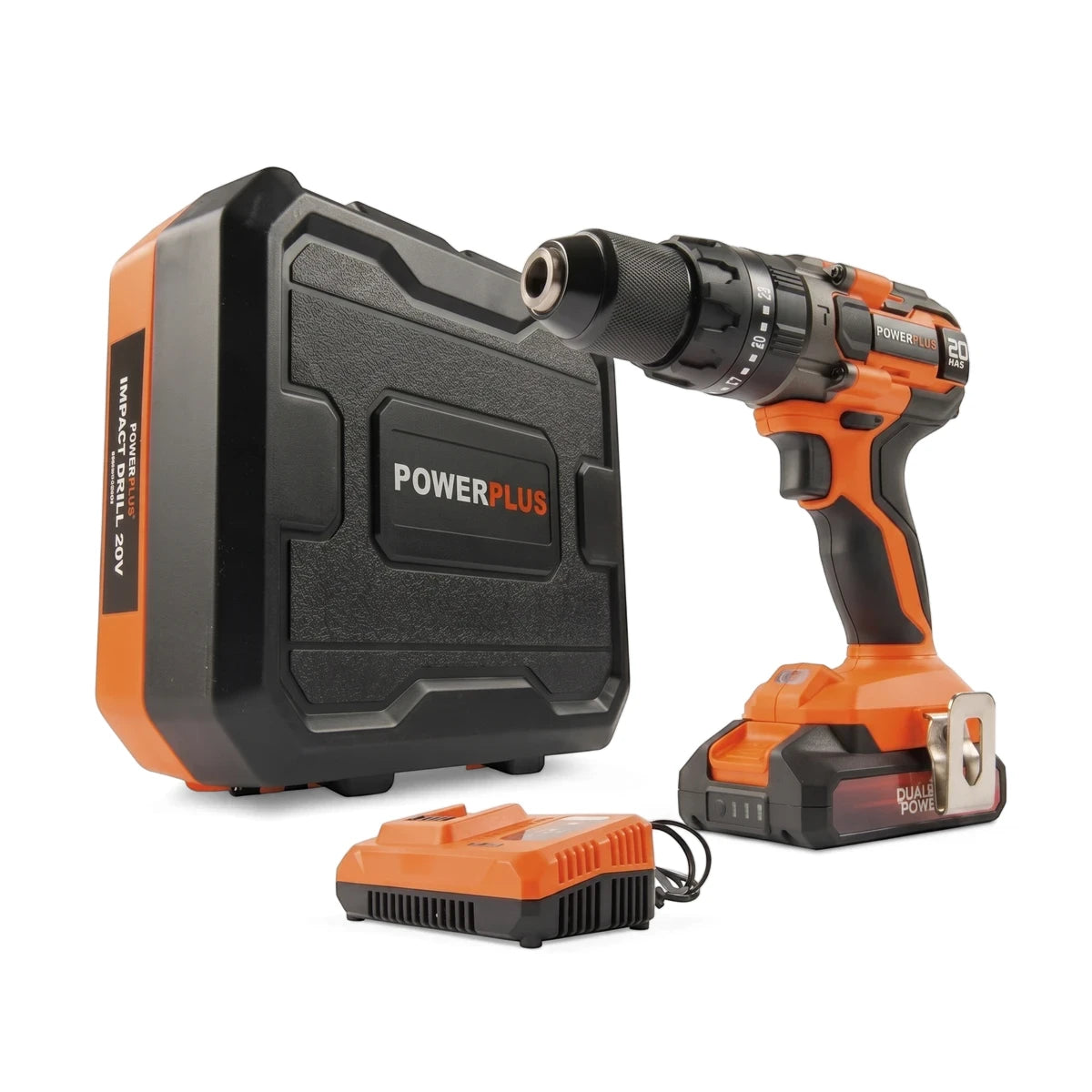 Powerplus Powdp15220 20V cordless impact drill combo kit with charger, battery, and black storage case.