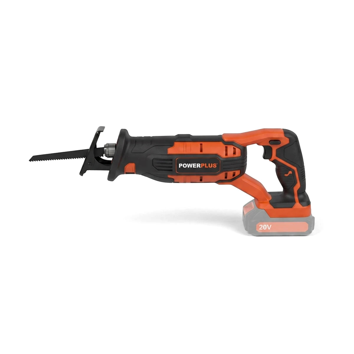 Black and orange Powerplus Reciprocating Saw (Powdp25100) with a 20V battery, shown horizontally.
