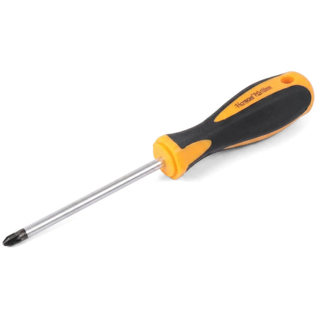 Orange and black ergonomic Pozidriv screwdriver, Pz2x100mm size, featuring a silver shaft and a textured handle.